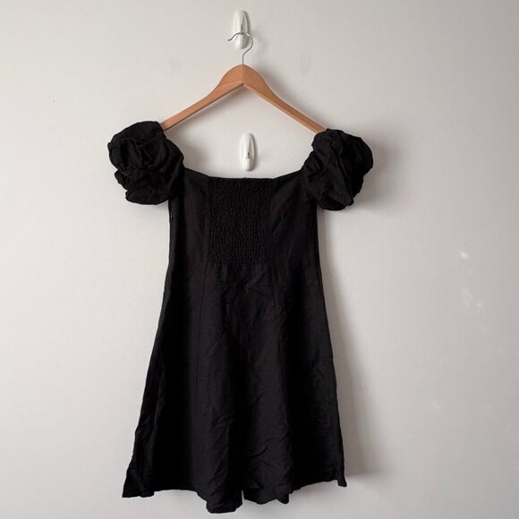 Zara Linen Off Shoulder Button Up Mini Puff Sleeve Dress Black Size XS - Picture 5 of 9
